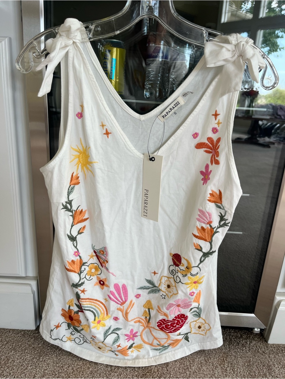 Paparazzi White Embroidered Tie-Shoulder Floral Tank Top size Small & XL New!